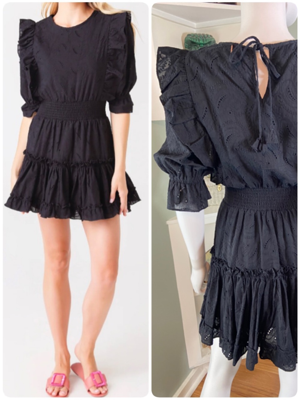 Misa Los Angeles Doutzen Ruffle Tiered Black Eyelet Ruffle Paisley Mini Dress S